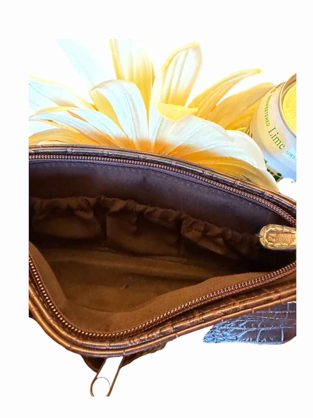 Floral Daisy Accent Wristlet - yellow & Brown, faux leather crocodile clutch